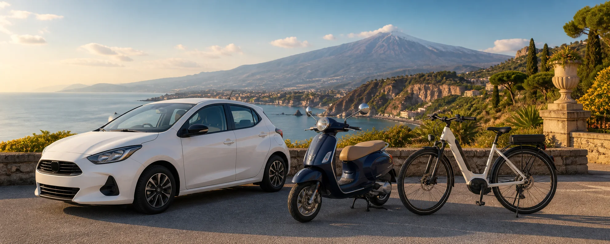 Rental car, scooter and bike on the Sicilian coast